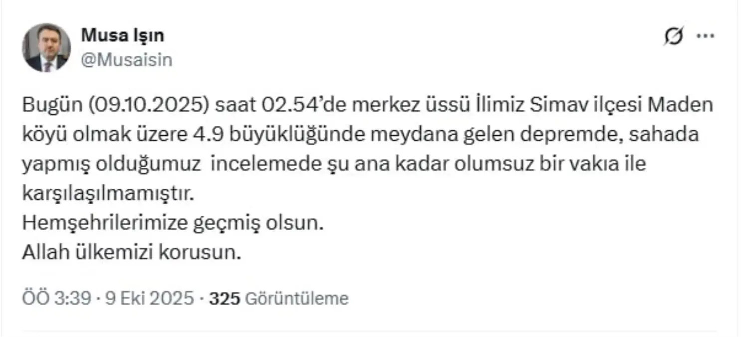 Kütahya’da 4.9 Büyüklüğünde Deprem: Vali Işın Olumsuz Bir Durum Yok Dedi